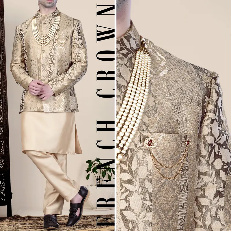 Cashmere And Sandrift Brown Jacquard Floral Weave Jodhpuri 1
