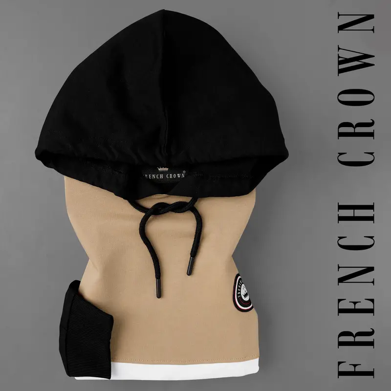 Cashmere Light Brown And Bright White With Black Colour Block Hoodie Sweatshirt 1