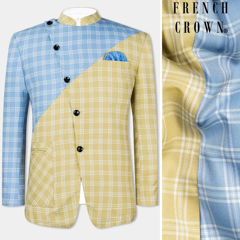 Casper Blue And Brandy Brown Plaid Wool Rich Cross Placket Bandhgala Designer Blazer 1