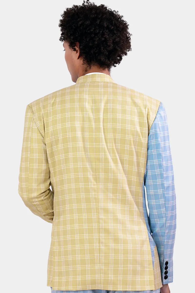 Casper Blue And Brandy Brown Plaid Wool Rich Cross Placket Bandhgala Designer Blazer 5
