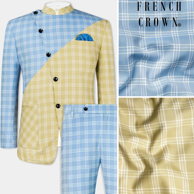 Casper Blue And Brandy Brown Plaid Wool Rich Cross Placket Bandhgala Designer Suit 1