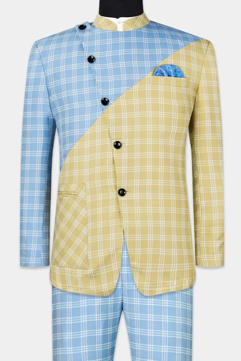 Casper Blue And Brandy Brown Plaid Wool Rich Cross Placket Bandhgala Designer Suit 10