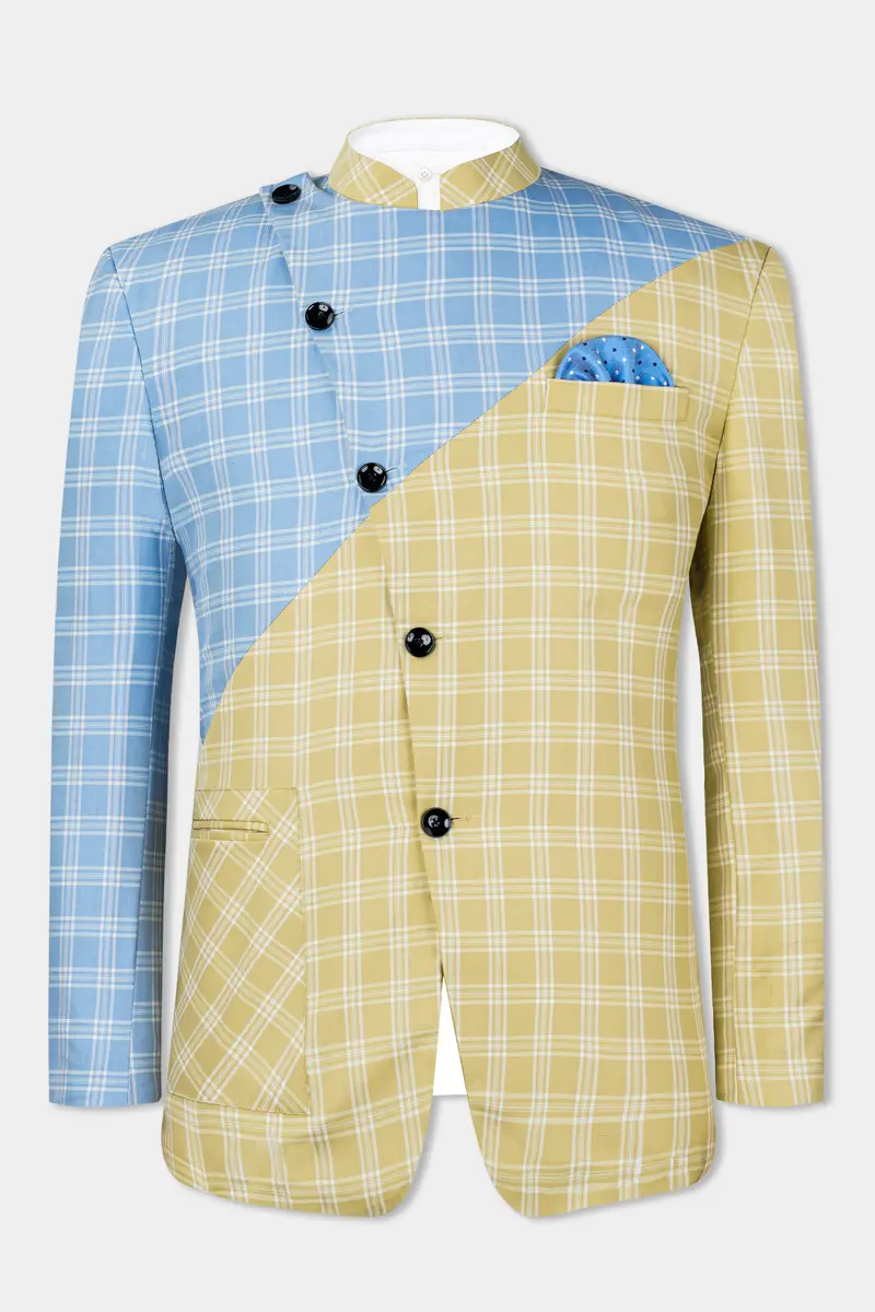 Casper Blue And Brandy Brown Plaid Wool Rich Cross Placket Bandhgala Designer Suit 11