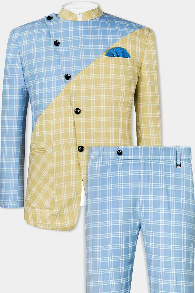 Casper Blue And Brandy Brown Plaid Wool Rich Cross Placket Bandhgala Designer Suit 2