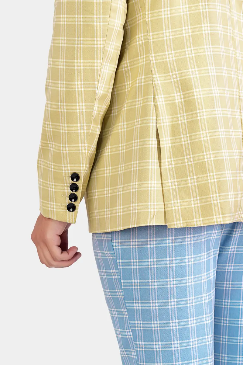 Casper Blue And Brandy Brown Plaid Wool Rich Cross Placket Bandhgala Designer Suit 4