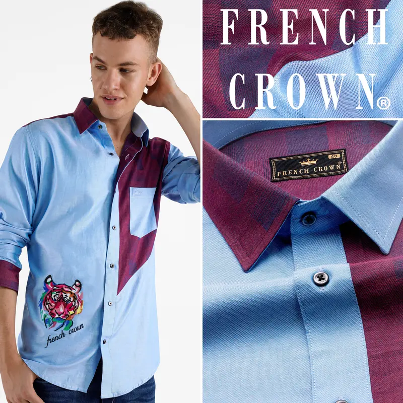 Casper Blue And Eclipse Wine Lion Embroidered Jacquard Textured Premium Cotton Designer Shirt 1