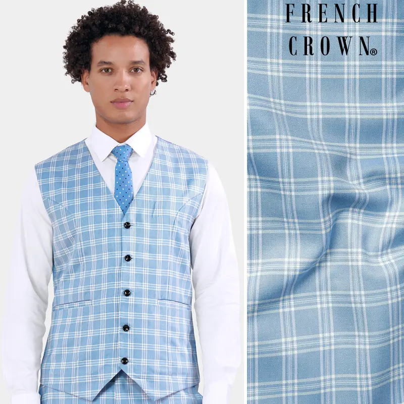 Casper Blue Plaid Wool Rich Waistcoat 1