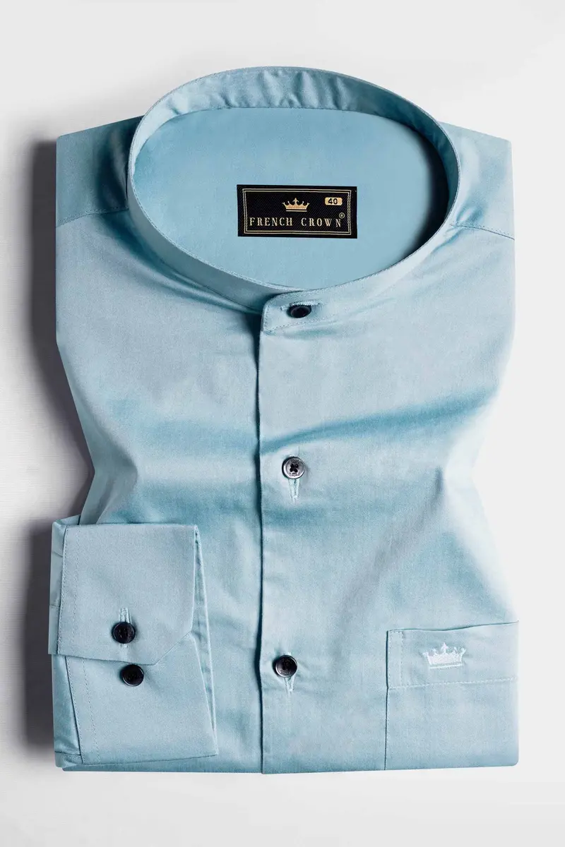 Casper Blue Subtle Sheen Super Soft Premium Cotton Mandarin Shirt 3