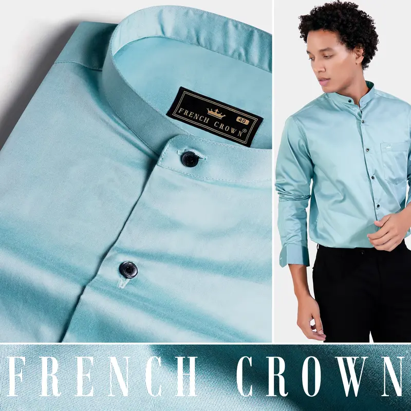 Casper Blue Subtle Sheen Super Soft Premium Cotton Mandarin Shirt 4