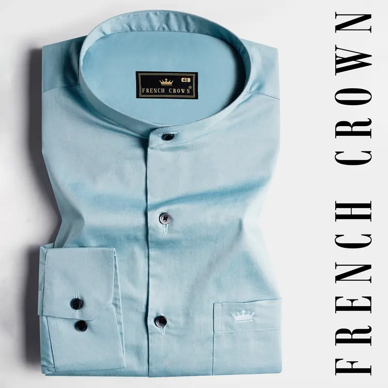 Casper Blue Subtle Sheen Super Soft Premium Cotton Mandarin Shirt 7