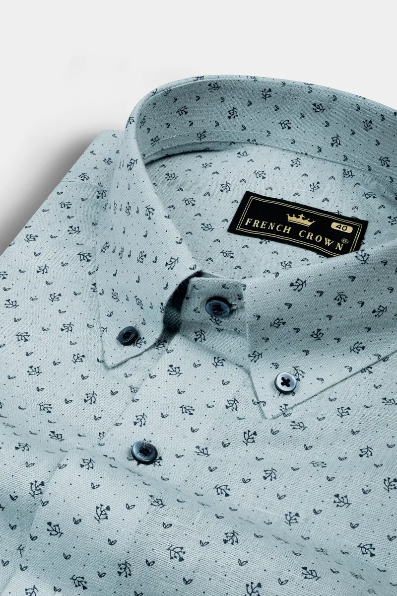 Casper Gray With Cinder Blue Flower Printed Luxurious Linen Shirt 1