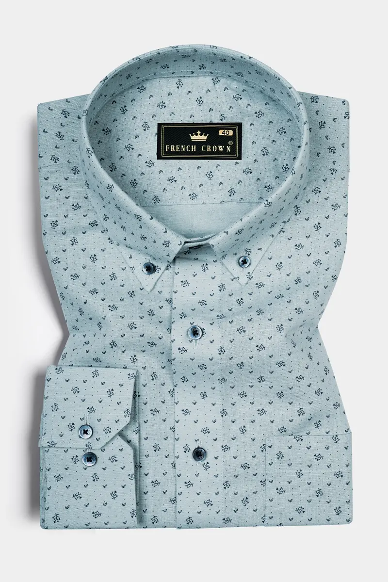 Casper Gray With Cinder Blue Flower Printed Luxurious Linen Shirt 3