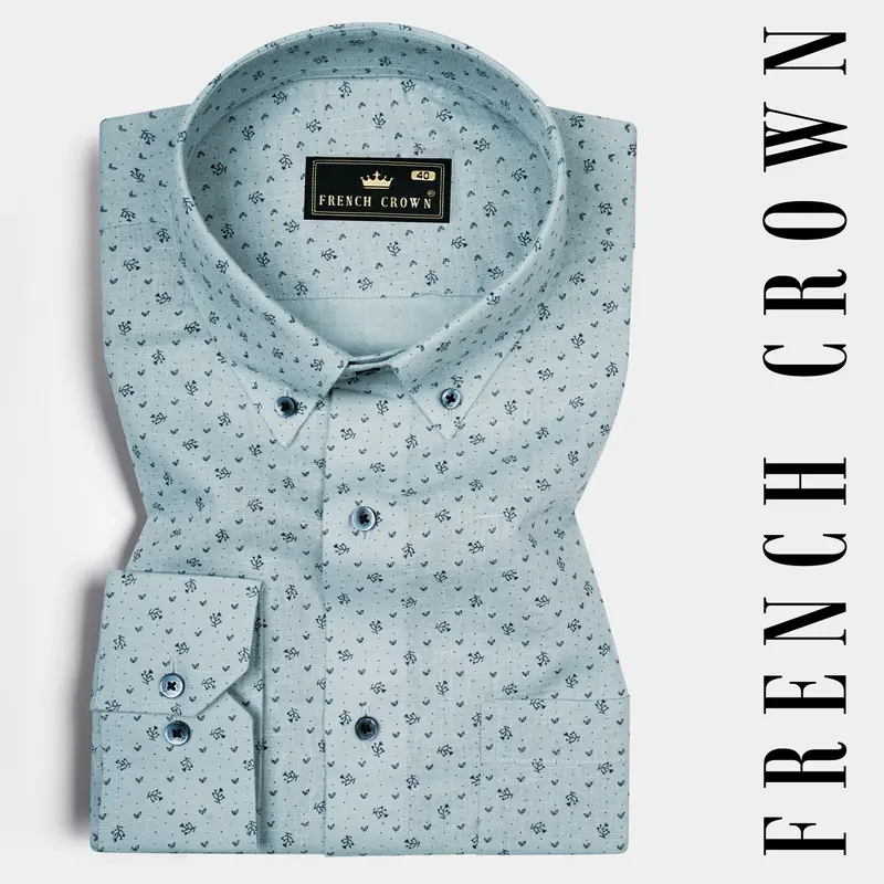 Casper Gray With Cinder Blue Flower Printed Luxurious Linen Shirt 6