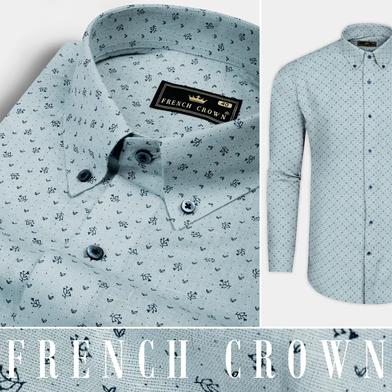 Casper Gray With Cinder Blue Flower Printed Luxurious Linen Shirt 9
