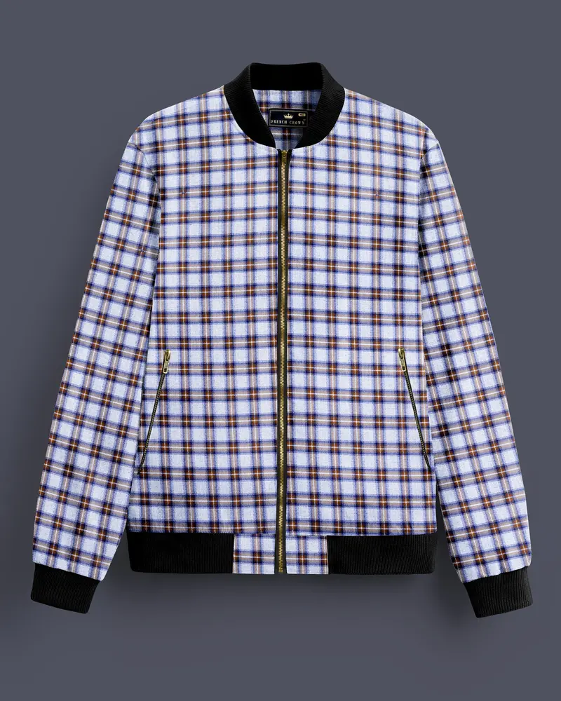 Castaire-Chateau Blue With Cocoa Brown Plaid Wool Rich Bomber Jacket 1
