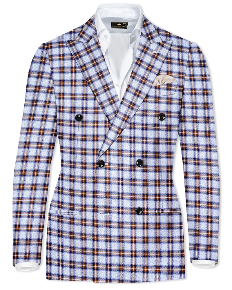 Castaire-Chateau Blue With Cocoa Brown Plaid Wool Rich Double Breasted Blazer 1