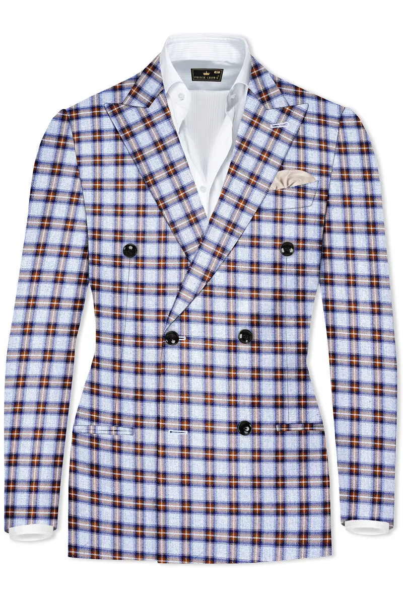 Castaire-Chateau Blue With Cocoa Brown Plaid Wool Rich Double Breasted Blazer 2