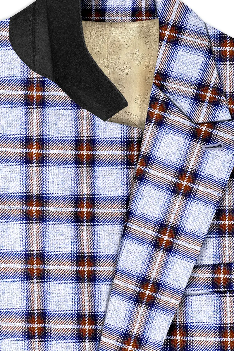 Castaire-Chateau Blue With Cocoa Brown Plaid Wool Rich Double Breasted Blazer 4