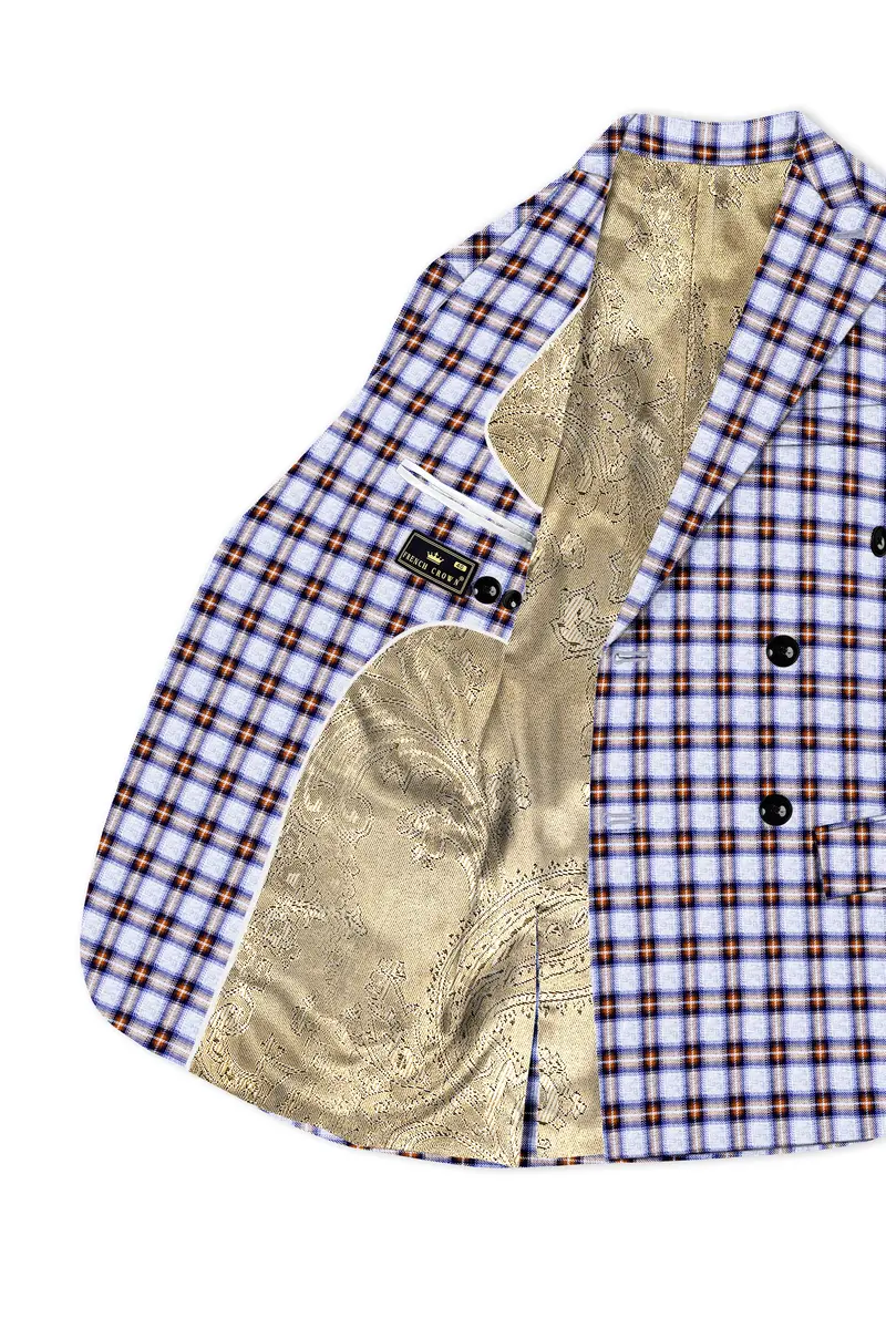 Castaire-Chateau Blue With Cocoa Brown Plaid Wool Rich Double Breasted Blazer 5