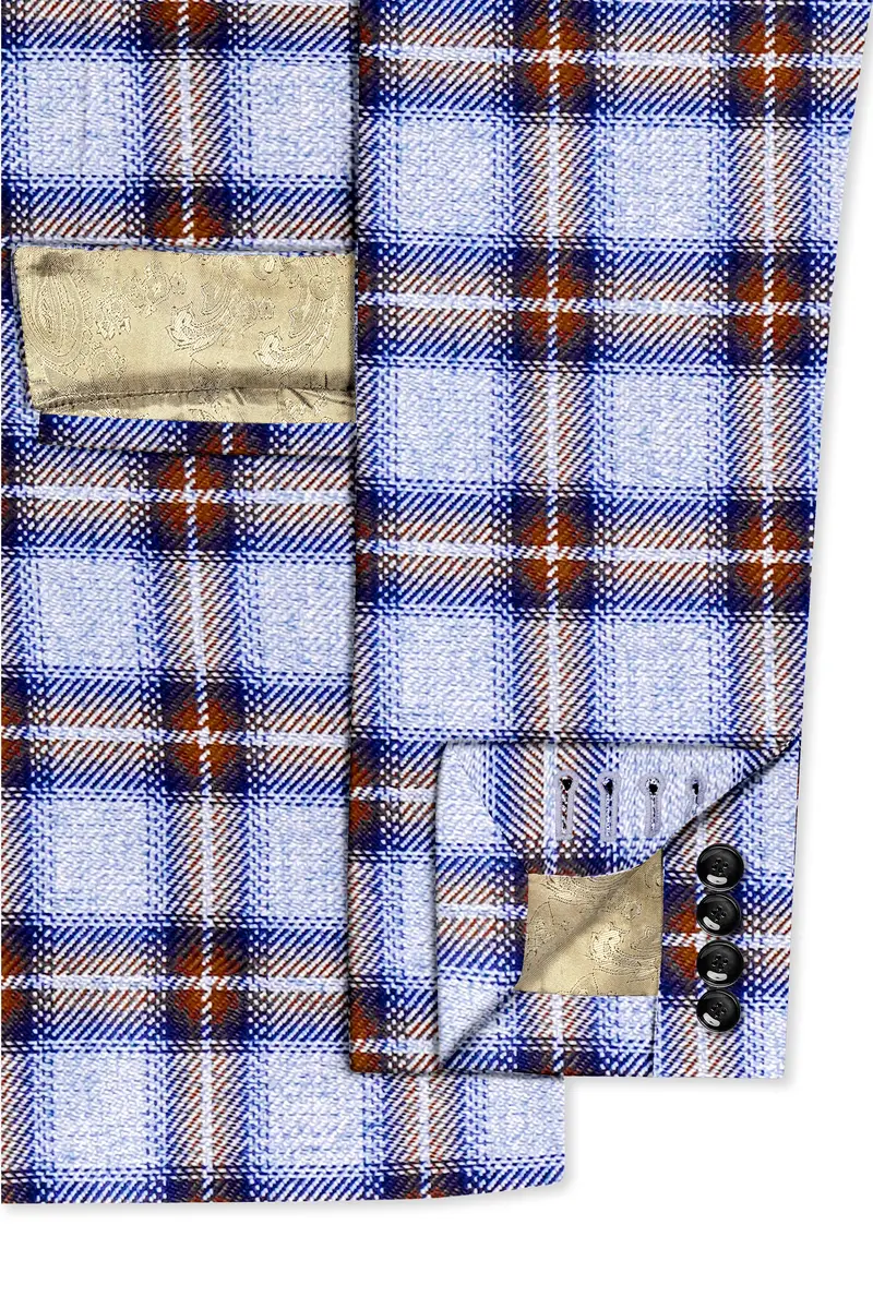 Castaire-Chateau Blue With Cocoa Brown Plaid Wool Rich Double Breasted Blazer 6