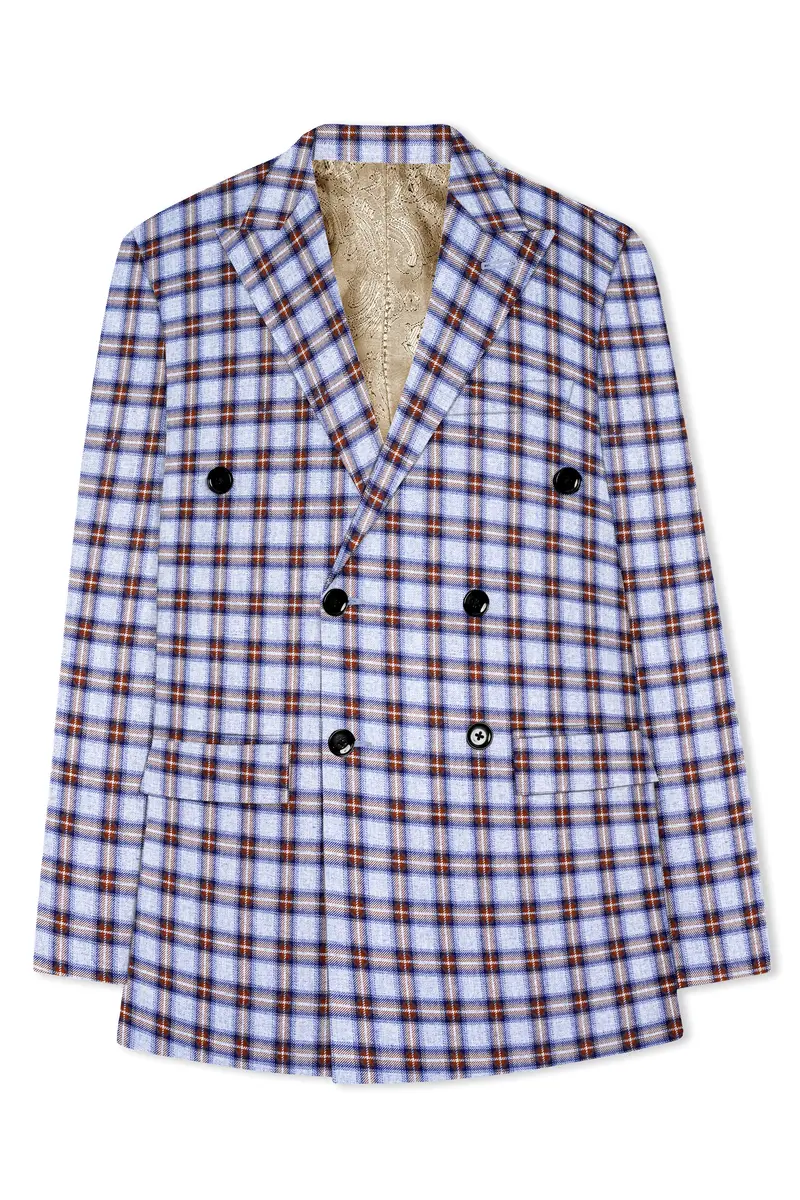 Castaire-Chateau Blue With Cocoa Brown Plaid Wool Rich Double Breasted Blazer 7