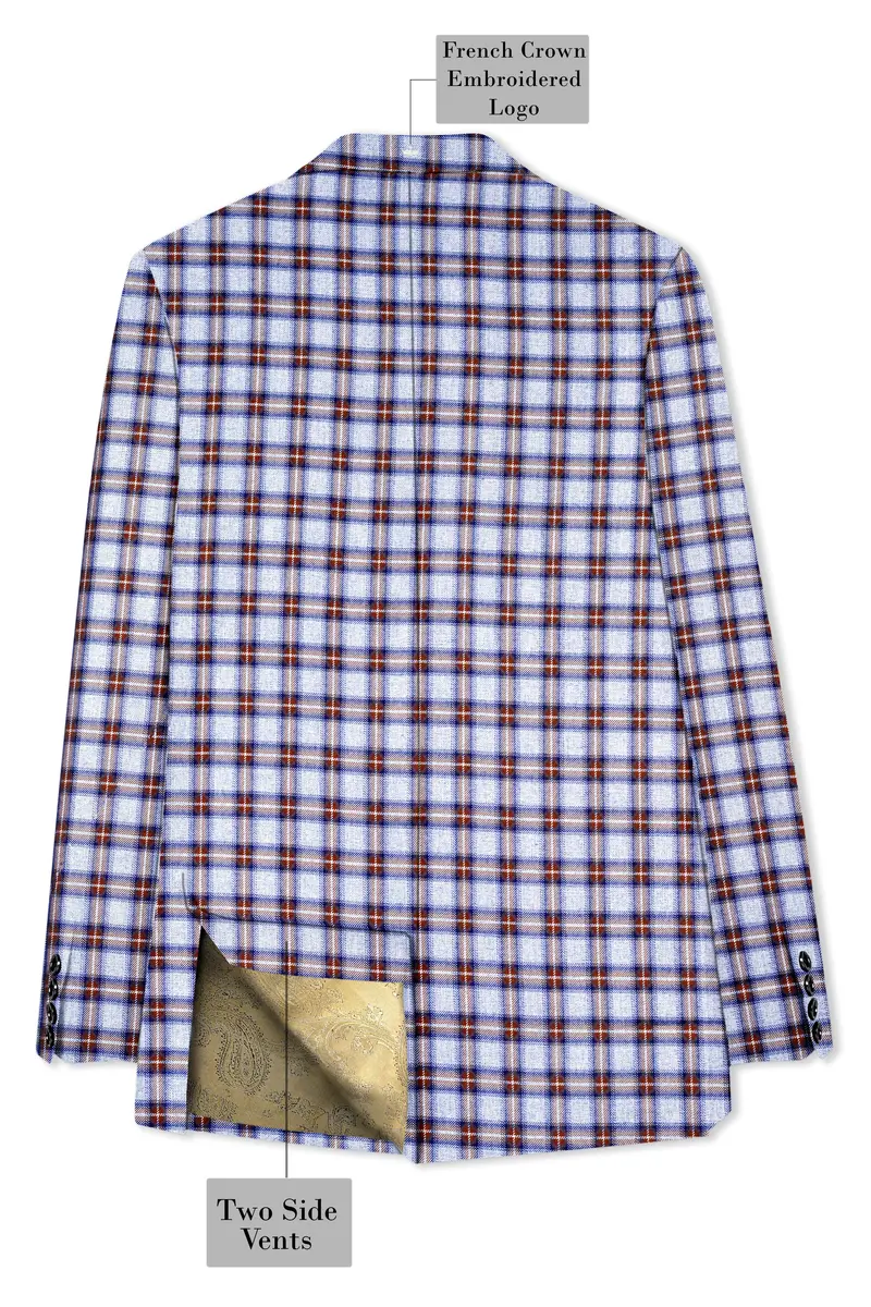 Castaire-Chateau Blue With Cocoa Brown Plaid Wool Rich Double Breasted Blazer 8