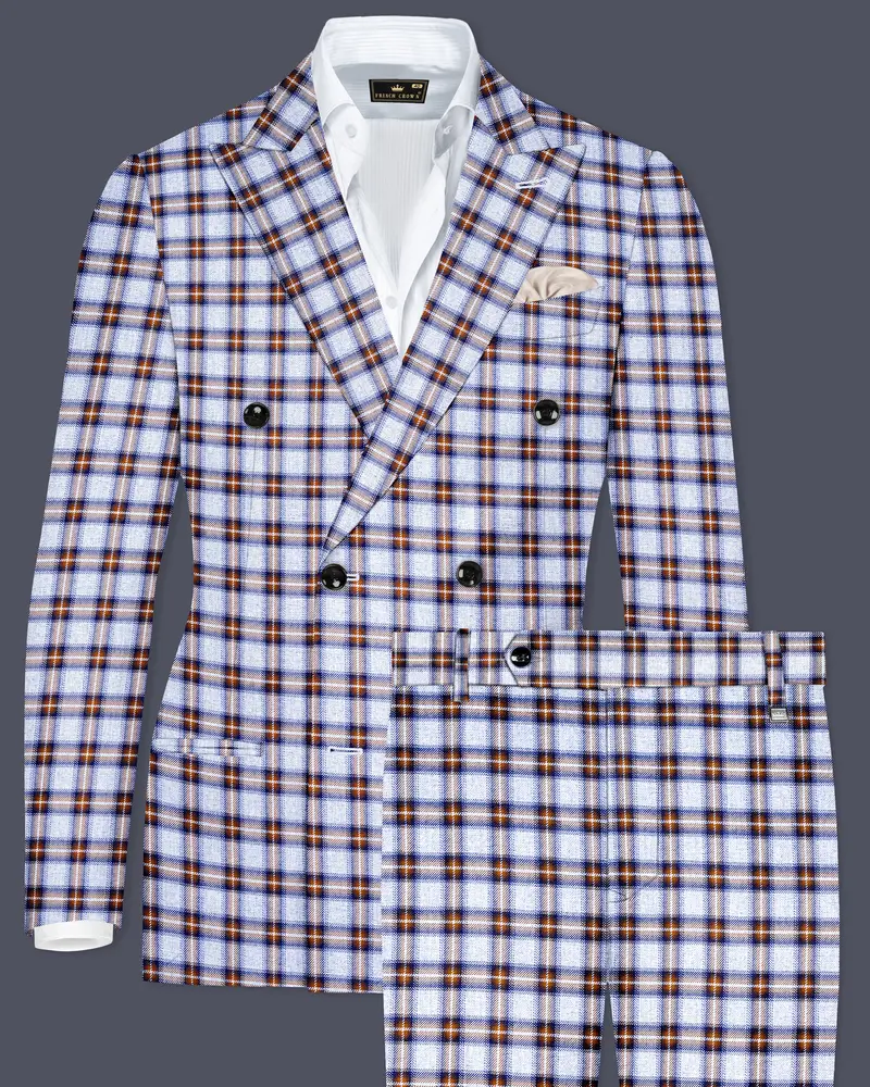 Castaire-Chateau Blue With Cocoa Brown Plaid Wool Rich Double Breasted Suit 1