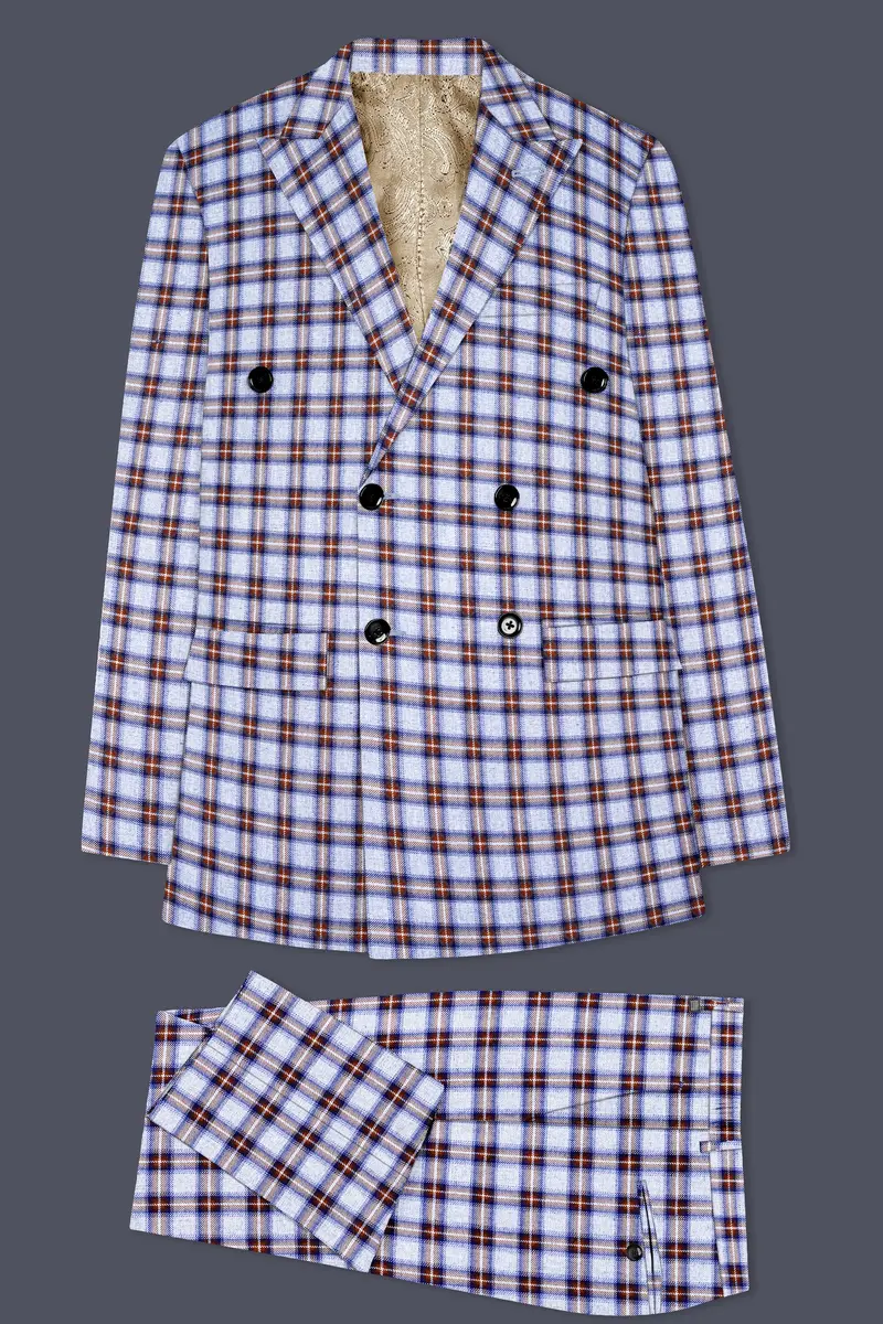 Castaire-Chateau Blue With Cocoa Brown Plaid Wool Rich Double Breasted Suit 11