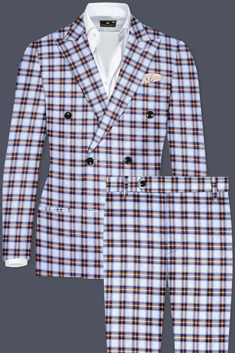 Castaire-Chateau Blue With Cocoa Brown Plaid Wool Rich Double Breasted Suit 2