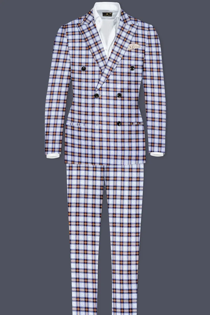 Castaire-Chateau Blue With Cocoa Brown Plaid Wool Rich Double Breasted Suit 4