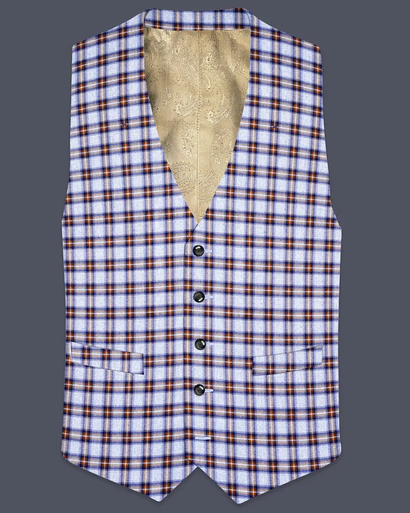 Castaire-Chateau Blue With Cocoa Brown Plaid Wool Rich Waistcoat 1