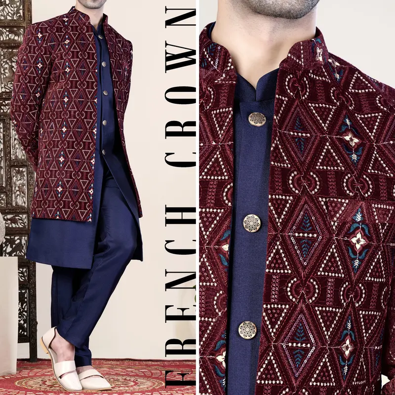 Castro Maroon And Peach Geometric Thread And Sequin Embroidered Indo-Western 1