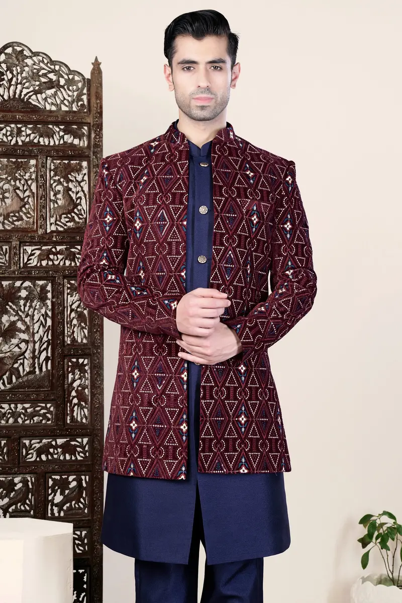 Castro Maroon And Peach Geometric Thread And Sequin Embroidered Indo-Western 2