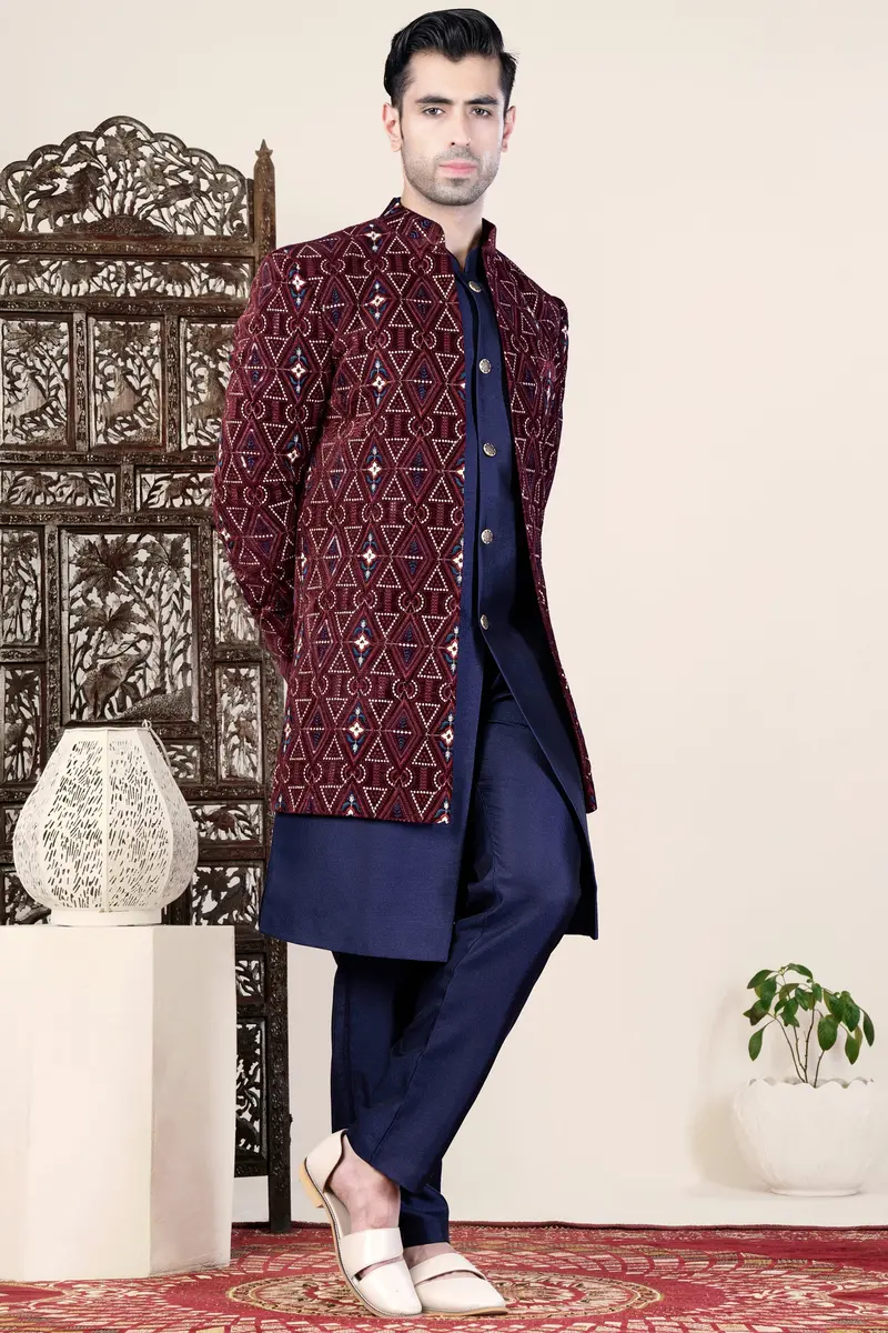 Castro Maroon And Peach Geometric Thread And Sequin Embroidered Indo-Western 5