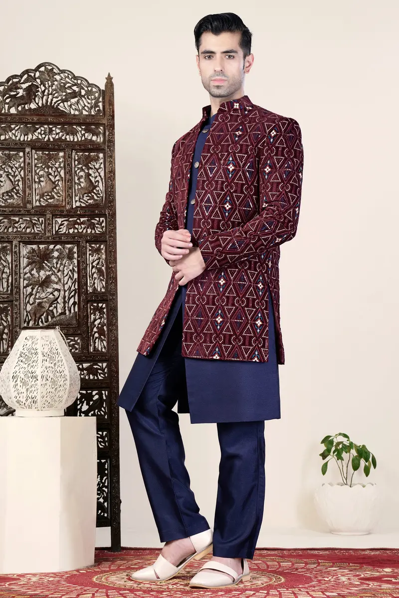 Castro Maroon And Peach Geometric Thread And Sequin Embroidered Indo-Western 7