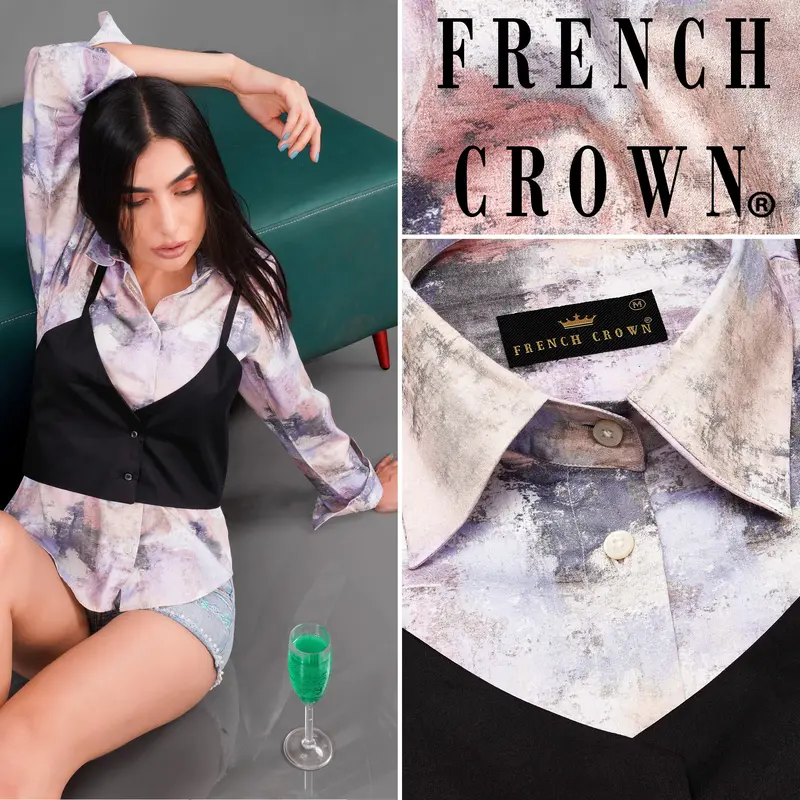 Cavern Brown With Cadet Blue Marble Printed Premium Cotton Shirt With Spaghetti Overcoat 1