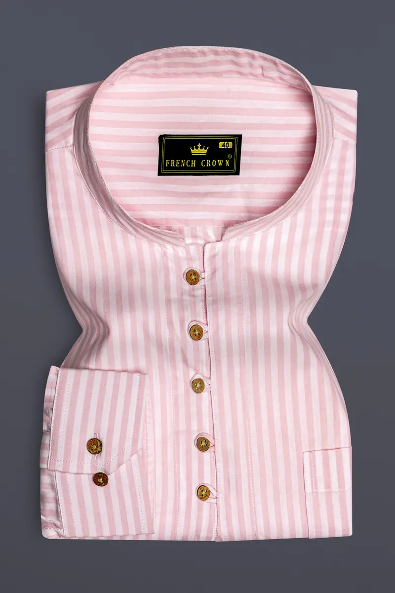 Cavern Pink With Sauvignon Beige Striped Premium Cotton Kurta Shirt 2