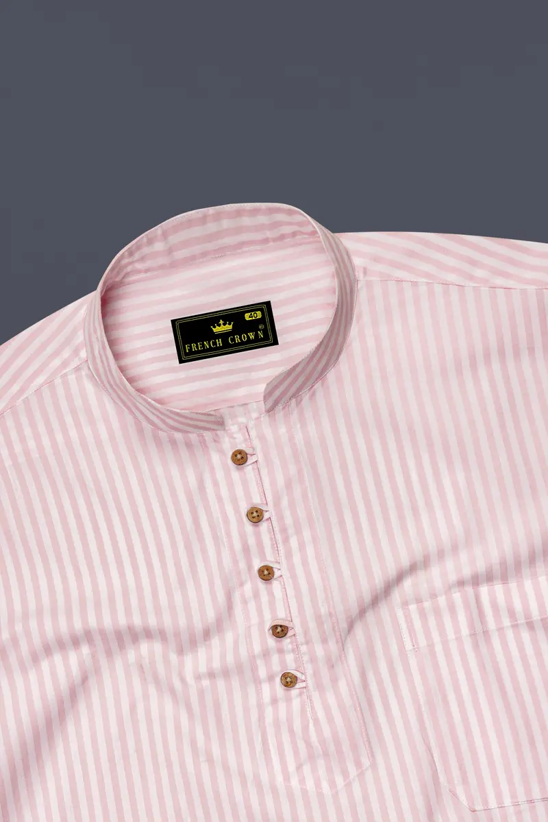 Cavern Pink With Sauvignon Beige Striped Premium Cotton Kurta Shirt 5