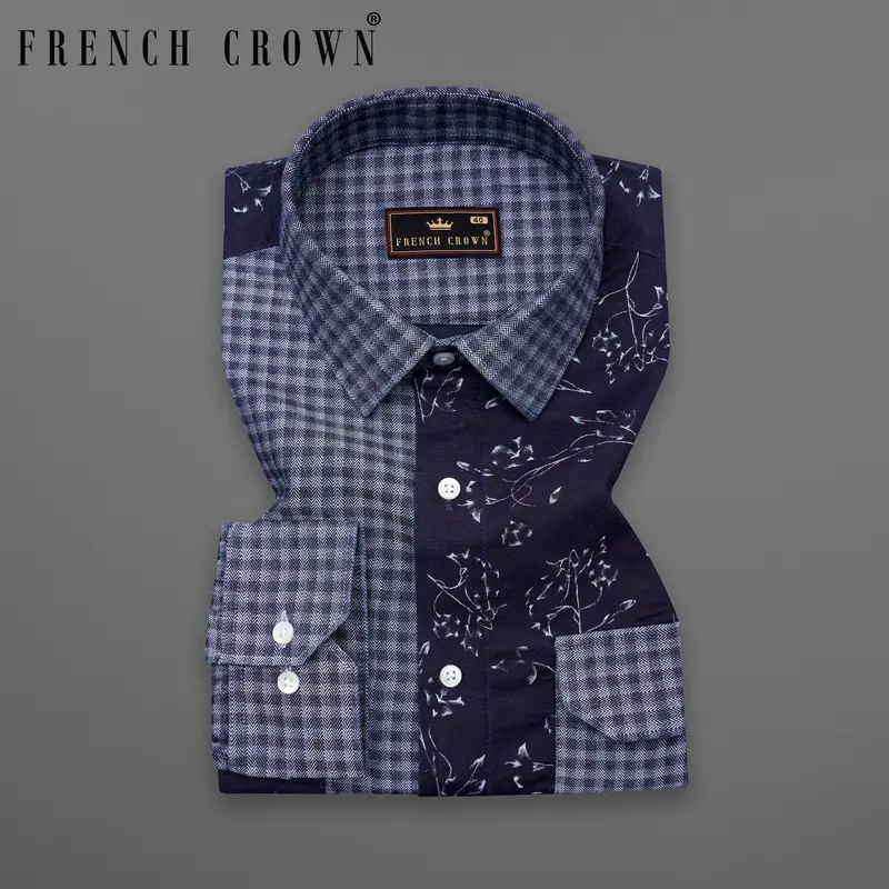 Cedar Blue With Storm Gray Gingham Printed Herringbone Designer Shirt 1