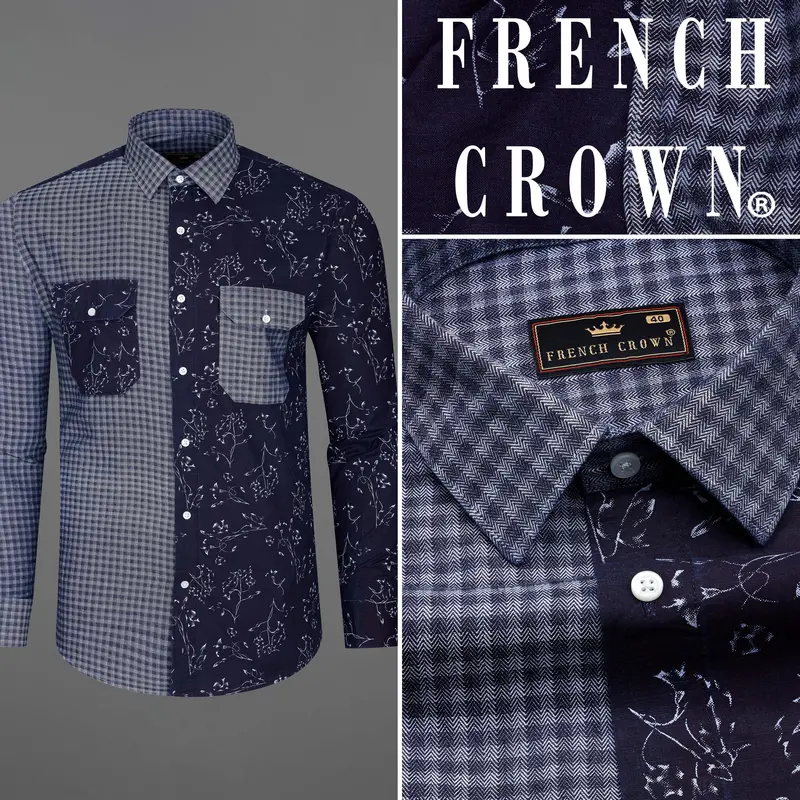 Cedar Blue With Storm Gray Gingham Printed Herringbone Designer Shirt 10