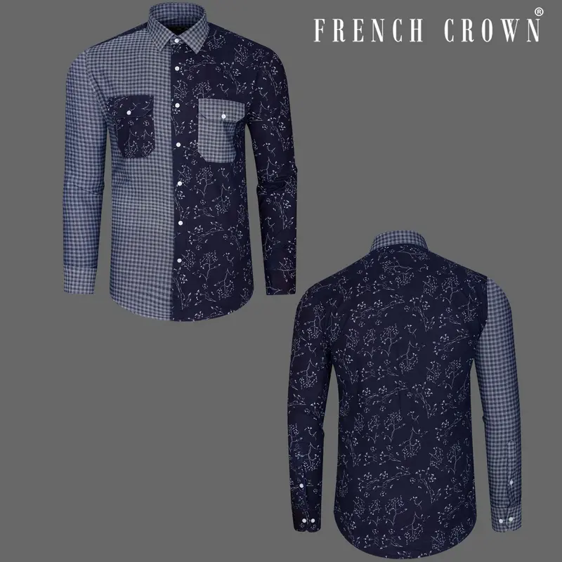 Cedar Blue With Storm Gray Gingham Printed Herringbone Designer Shirt 11