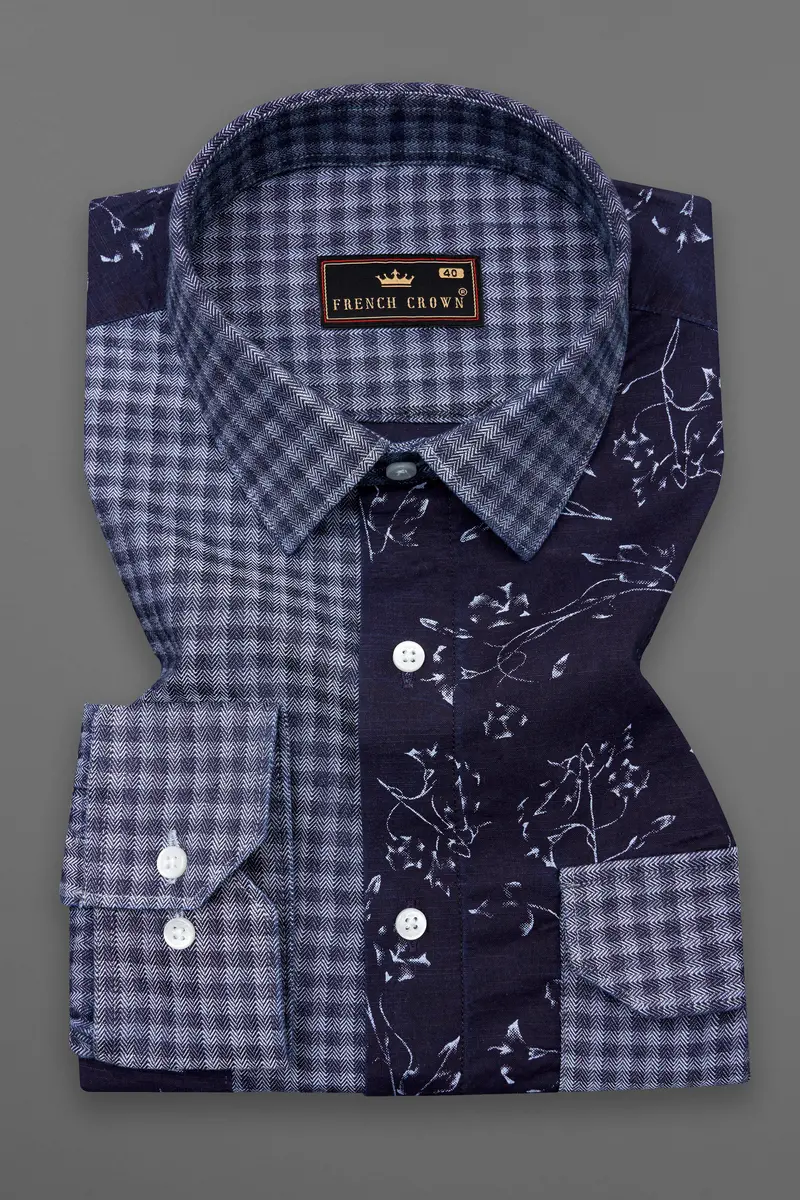 Cedar Blue With Storm Gray Gingham Printed Herringbone Designer Shirt 2