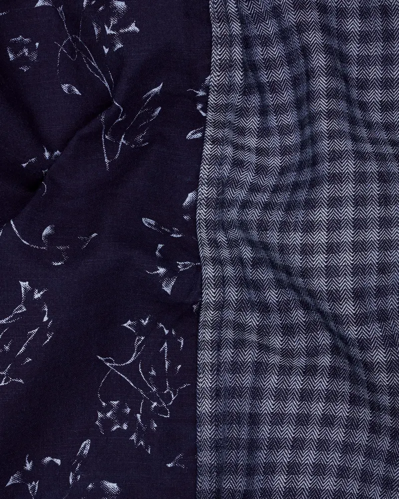 Cedar Blue With Storm Gray Gingham Printed Herringbone Designer Shirt 3