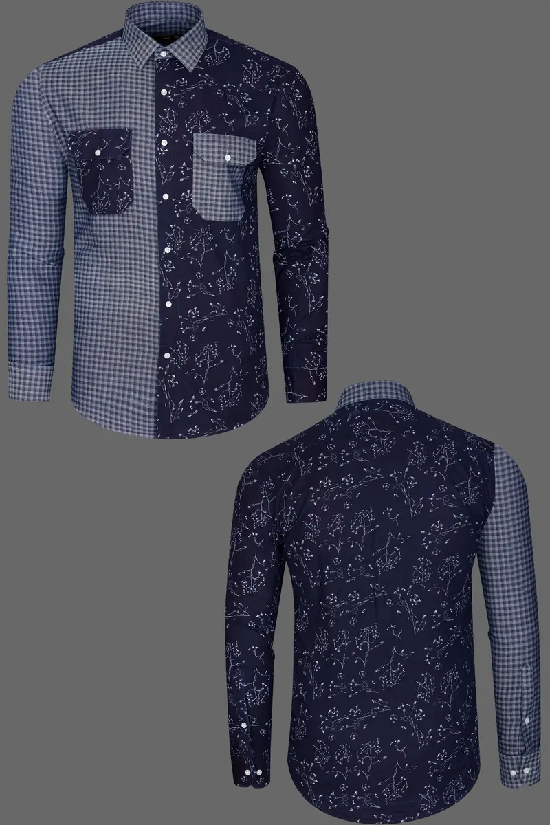 Cedar Blue With Storm Gray Gingham Printed Herringbone Designer Shirt 4