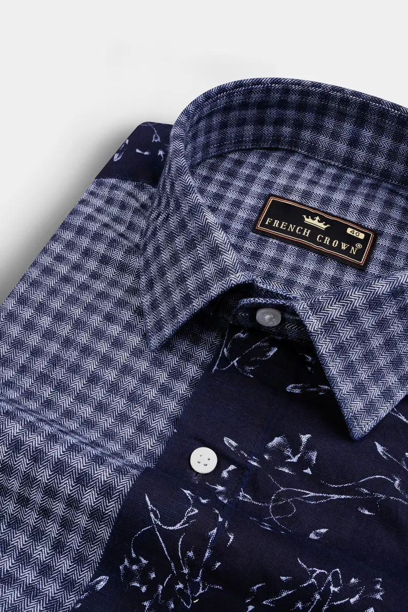 Cedar Blue With Storm Gray Gingham Printed Herringbone Designer Shirt 5