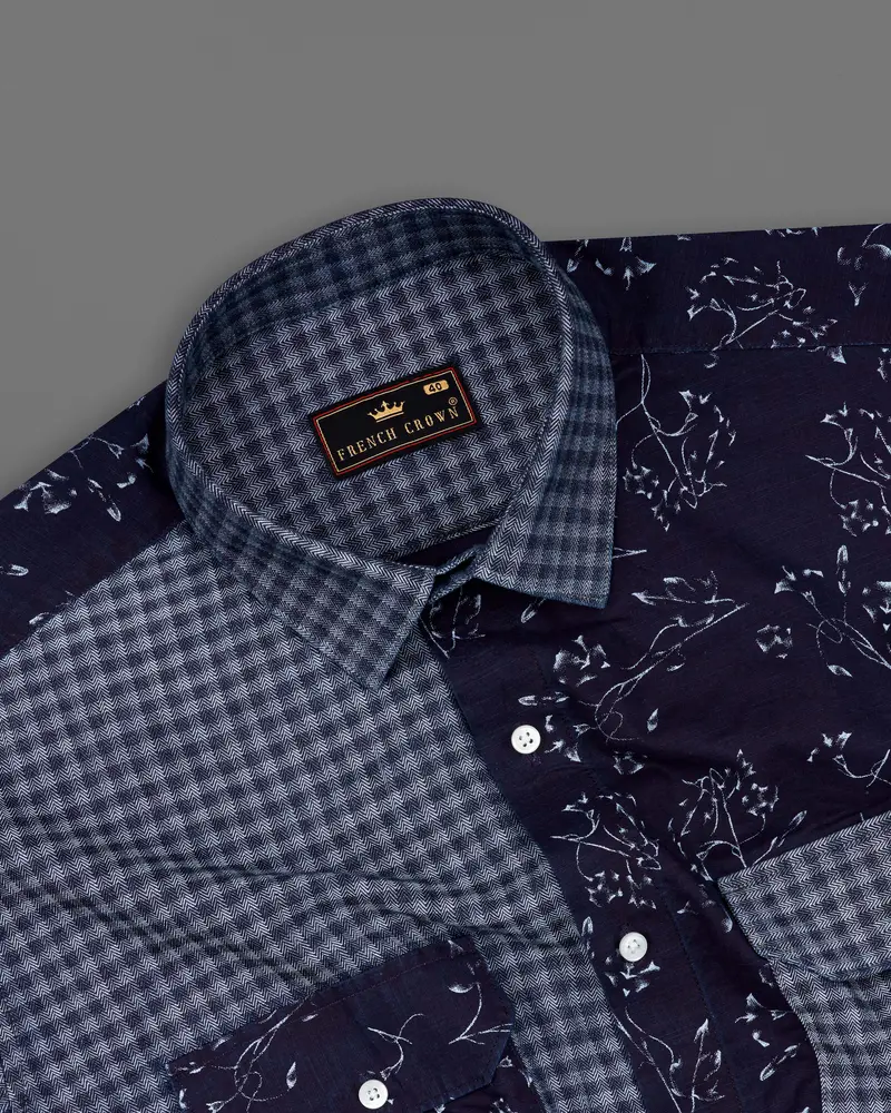 Cedar Blue With Storm Gray Gingham Printed Herringbone Designer Shirt 6