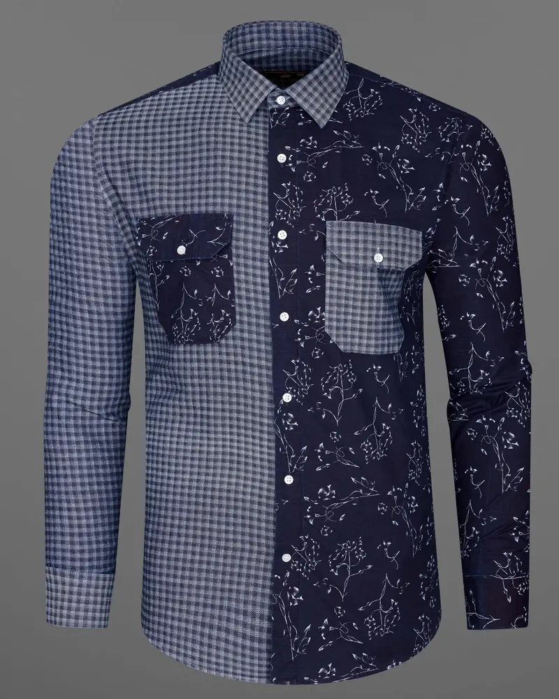 Cedar Blue With Storm Gray Gingham Printed Herringbone Designer Shirt 7