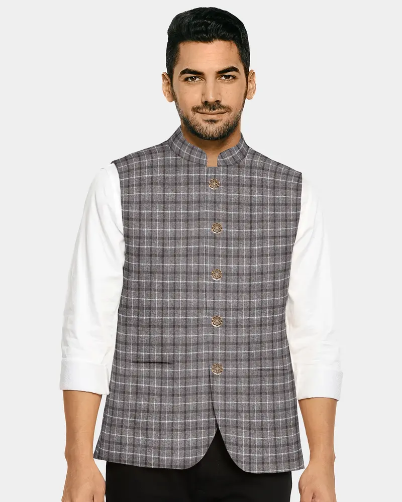 Cedar Brown Plaid Nehru Jacket 5