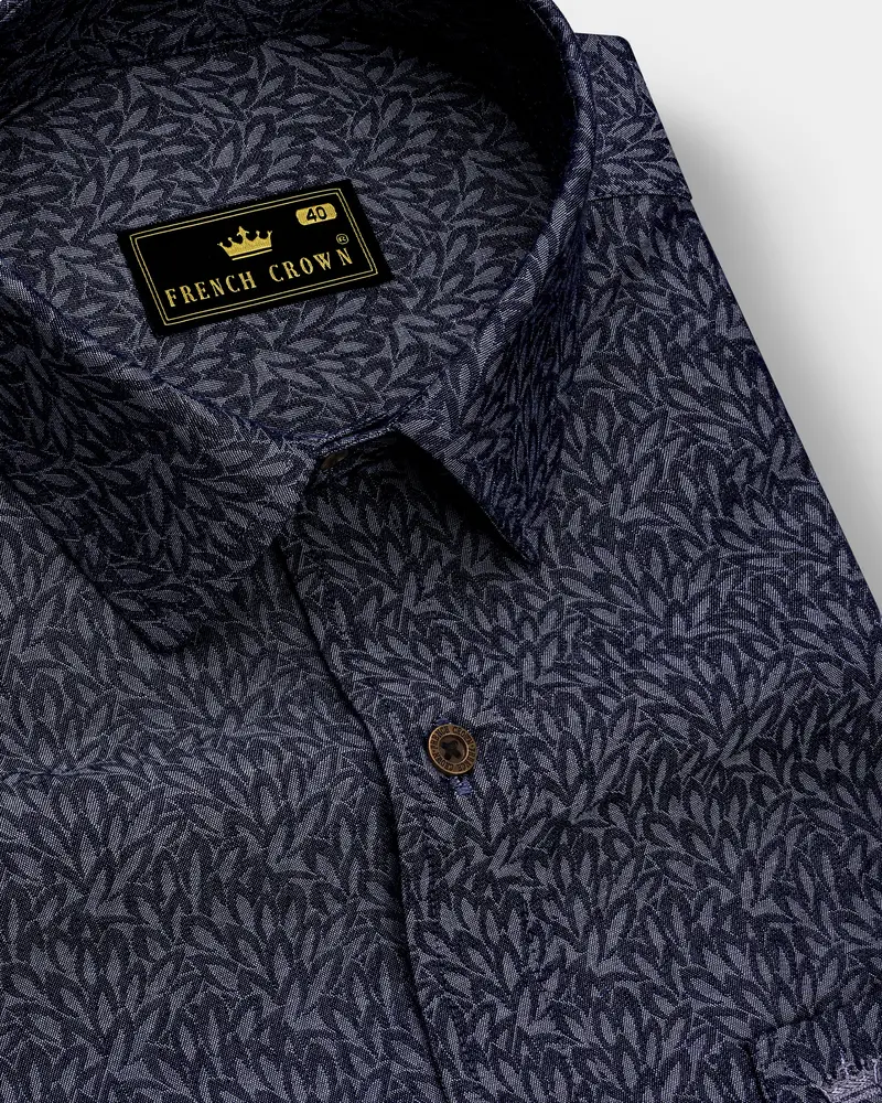 Cedivell-Bleached Cedar Denim Blue Leaf Printed Super Soft Premium Cotton Casual Shirt 1