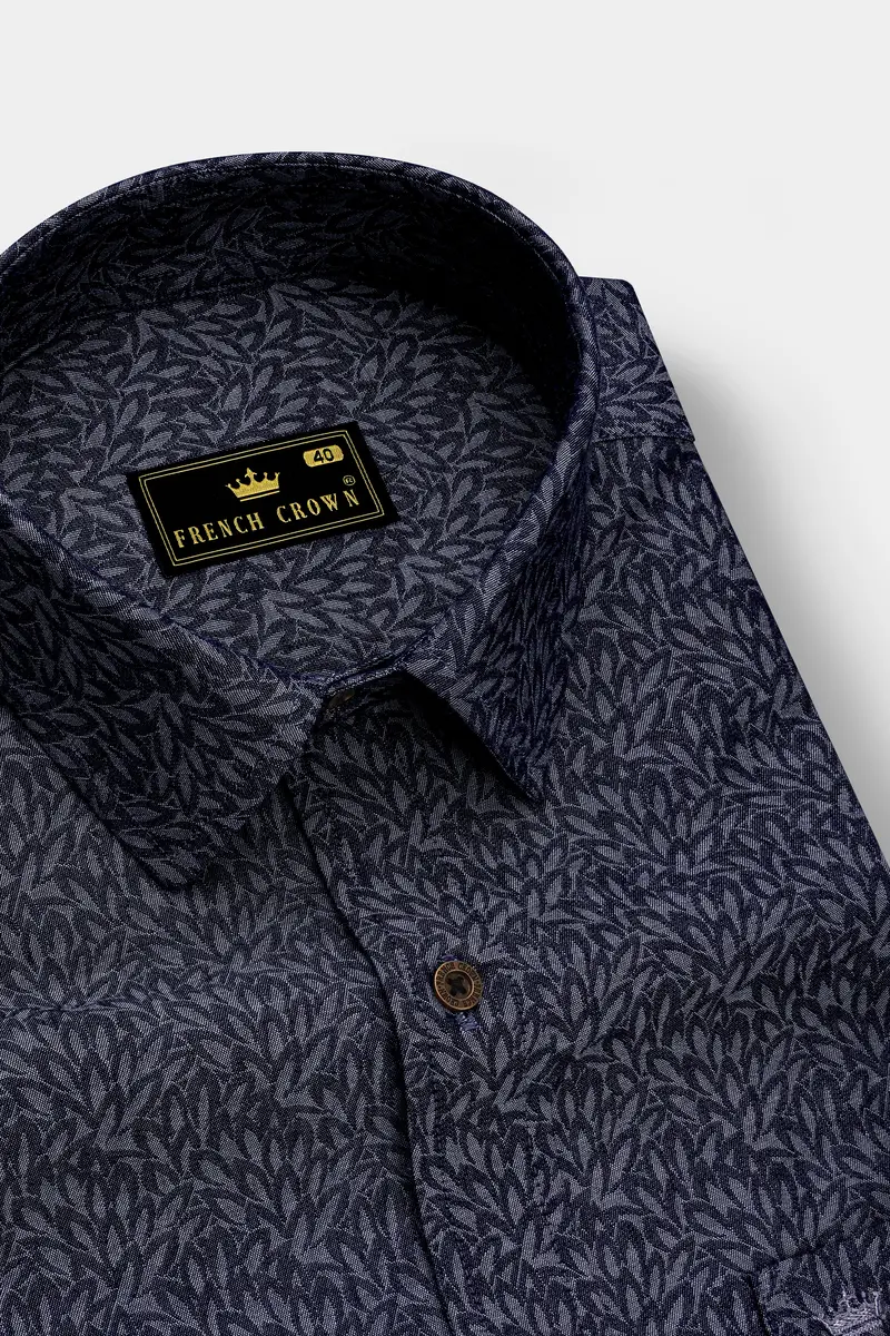 Cedivell-Bleached Cedar Denim Blue Leaf Printed Super Soft Premium Cotton Casual Shirt 2